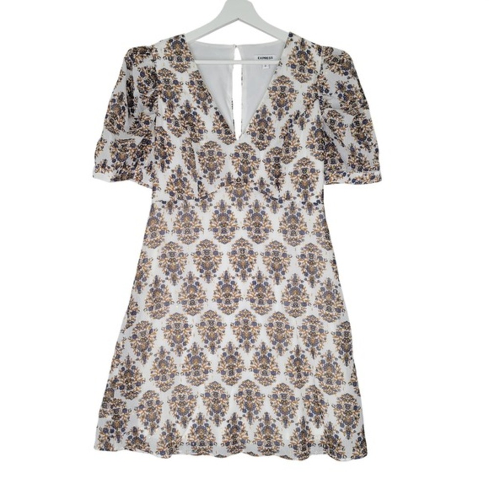 Express Mini Dress Womens Medium White Blue Floral Metallic Puff Sleeve V-Neck